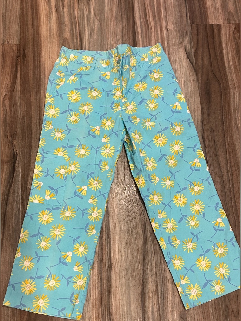 Lilly Pulitzer Turquoise Yellow daisies Floral Capri Pants Size 8